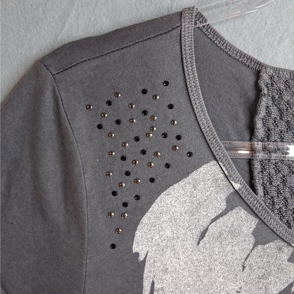 Affliction Skull T-Shirt Women's Large Gray Short Sleeves Studded Lace Cotton - Picture 3 of 11